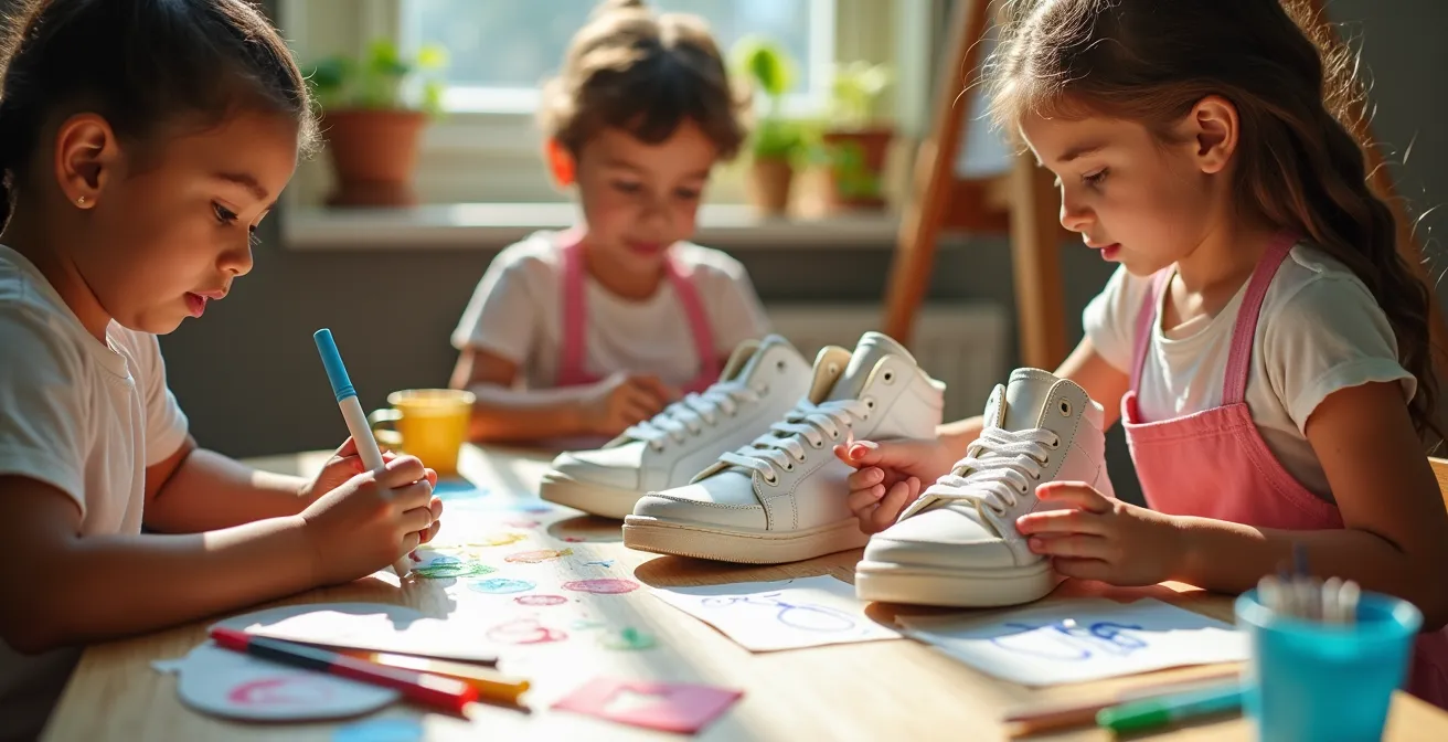 Enfants autour d'une table créative, personnalisant leurs baskets avec des feutres colorés, peinture et accessoires, dans une ambiance ludique et collaborative
