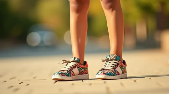 Enfant portant des baskets à imprimé audacieux, souriant et confiant, dans une tenue colorée et bien coordonnée.