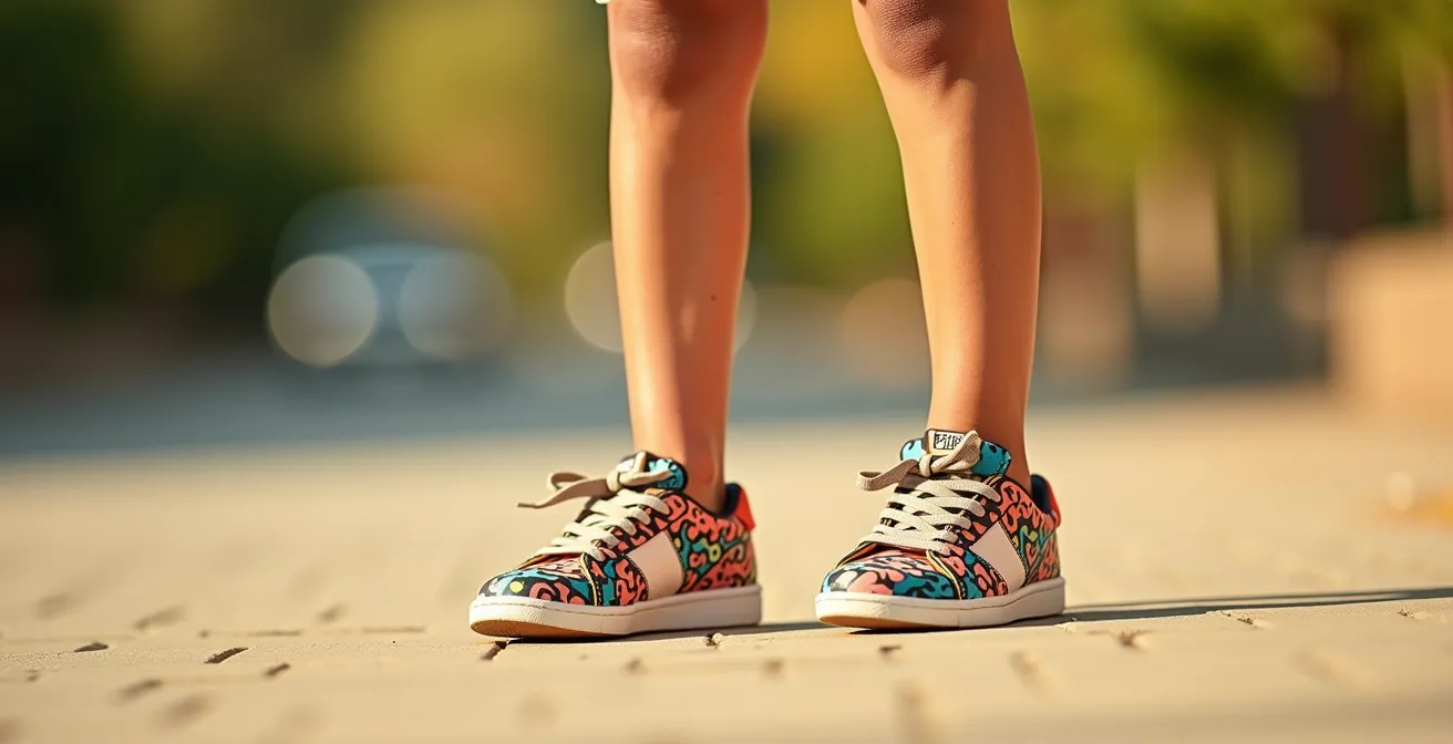 Enfant portant des baskets à imprimé audacieux, souriant et confiant, dans une tenue colorée et bien coordonnée.