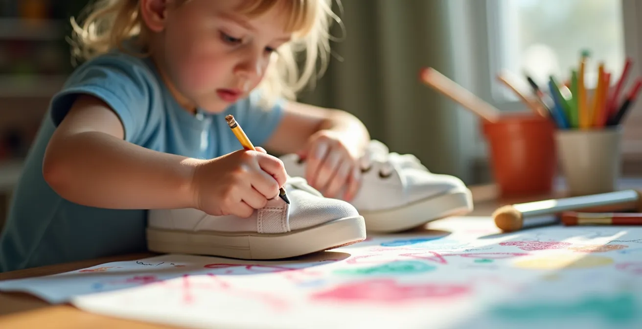 Enfant concentré décorant une paire de baskets en toile blanche avec des marqueurs colorés et des dessins, montrant créativité et expression personnelle.