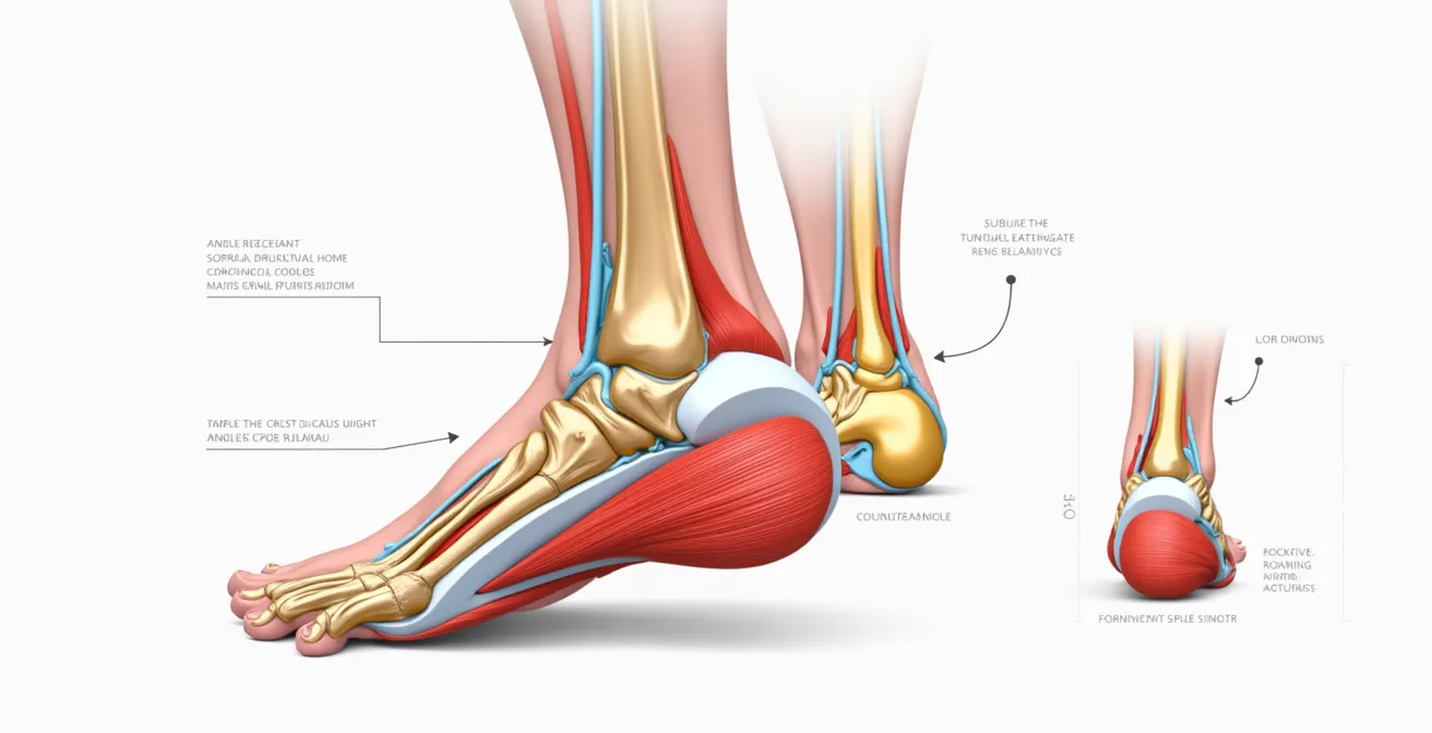 Diagramme montrant les muscles du pied, les ligaments et le contrefort de la chaussure travaillant ensemble pour stabiliser la cheville.