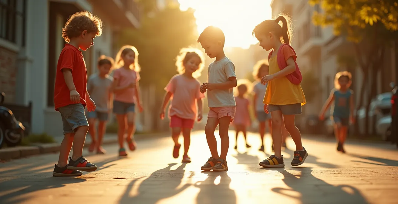Enfants de différents âges portant diverses chaussures adaptées à leurs activités quotidiennes et saisonnières.