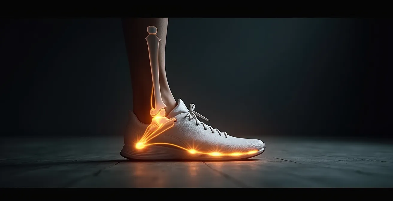 Illustration symbolique montrant une chaussure montante avec des flèches démontrant le transfert de torsion vers le genou, et l’importance de la proprioception du pied au sol.