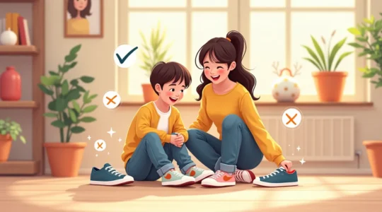 Illustration montrant une mère aidant son enfant à essayer des baskets de qualité, avec une checklist visuelle de critères importants