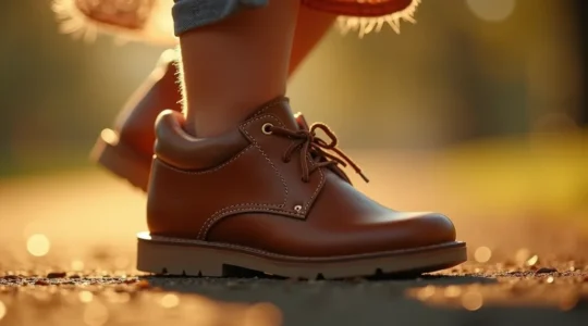 Enfant en chaussures souples en cuir, pied en mouvement naturel, développement moteur