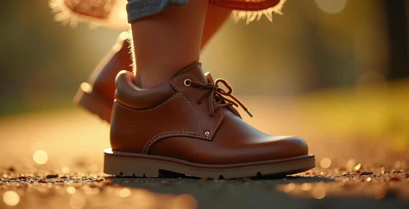 Enfant en chaussures souples en cuir, pied en mouvement naturel, développement moteur