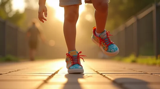 Enfant portant des baskets colorées originales, incarnant l'expression de soi et la découverte de son identité à travers ses choix vestimentaires
