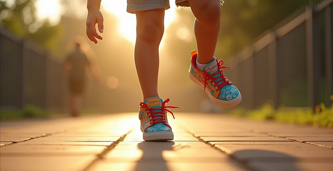 Enfant portant des baskets colorées originales, incarnant l'expression de soi et la découverte de son identité à travers ses choix vestimentaires