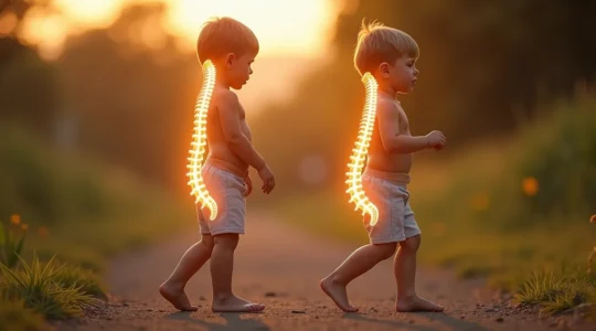 Enfant marchant dans des baskets adaptées, posture redressée, colonne vertébrale bien alignée, pied en bon contact avec le sol