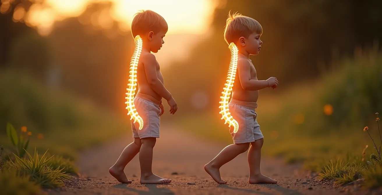 Enfant marchant dans des baskets adaptées, posture redressée, colonne vertébrale bien alignée, pied en bon contact avec le sol