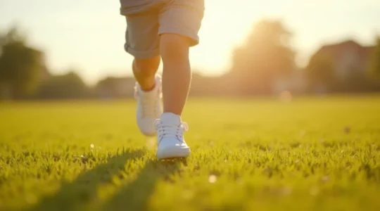 Enfant heureux courant légèrement dans des baskets en toile blanche, pieds nus sur herbe verte, illustrant liberté de mouvement et légèreté.
