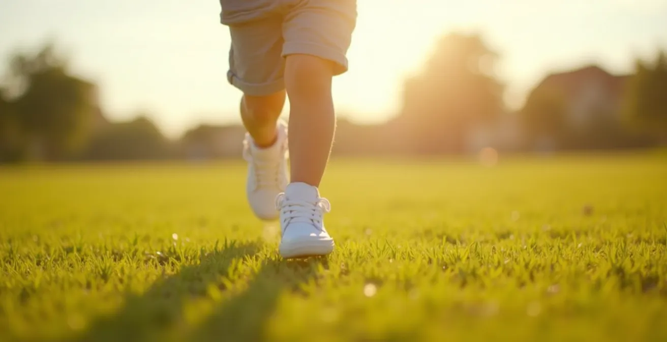 Enfant heureux courant légèrement dans des baskets en toile blanche, pieds nus sur herbe verte, illustrant liberté de mouvement et légèreté.