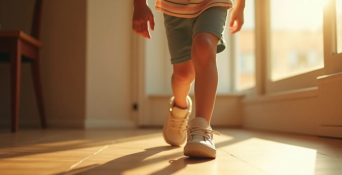 Enfant heureux marchant confortablement dans des baskets bien adaptées, montrant une posture équilibrée et naturelle