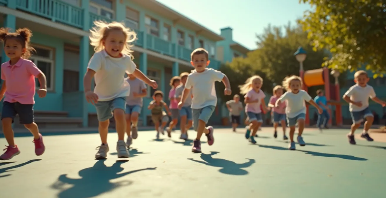 Enfant en pleine activité à la cour de récréation, sautant et courant avec dynamisme, portant des baskets adaptées