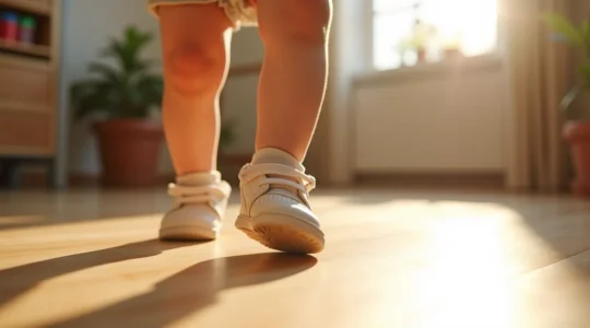 Enfant découvrant ses premiers pas avec des baskets adaptées, symbolisant le développement naturel du pied