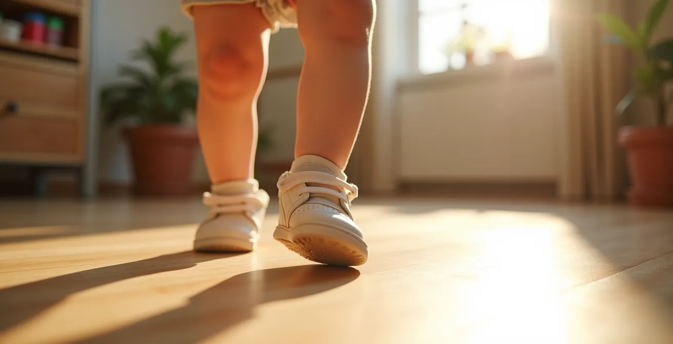 Enfant découvrant ses premiers pas avec des baskets adaptées, symbolisant le développement naturel du pied