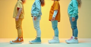 Enfant portant différentes styles de baskets montrant comment la forme et le volume de la chaussure influence la silhouette et les proportions du corps.