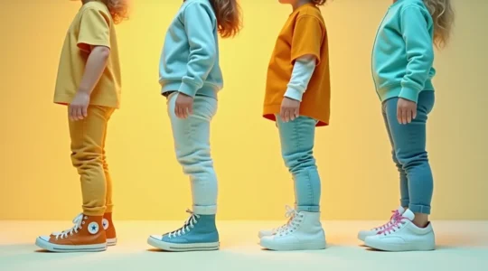 Enfant portant différentes styles de baskets montrant comment la forme et le volume de la chaussure influence la silhouette et les proportions du corps.