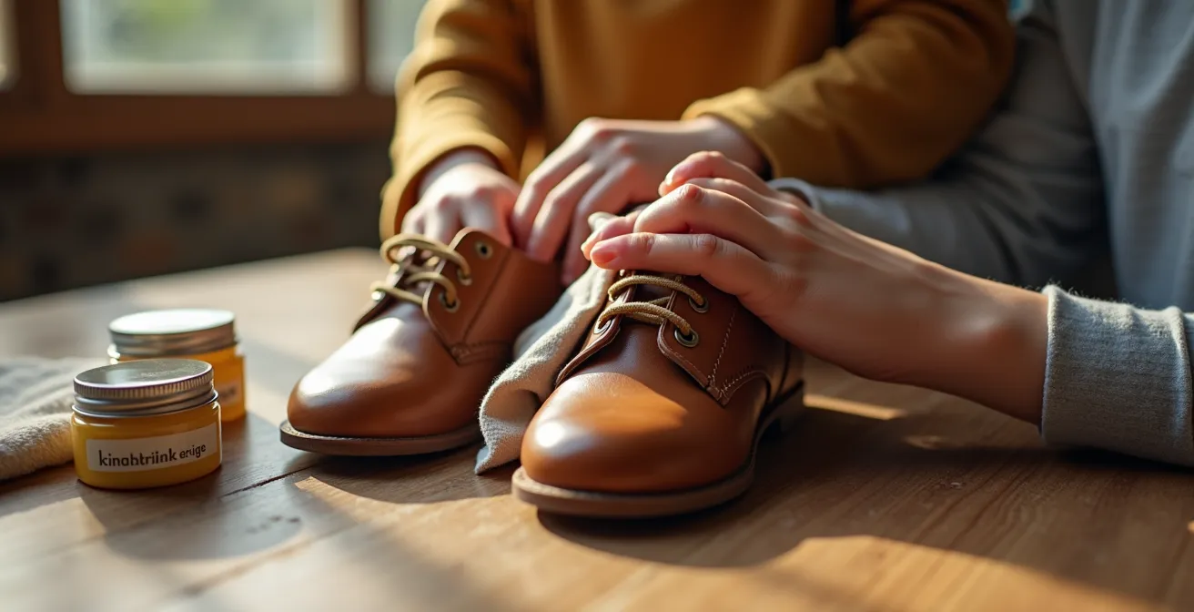Parent et enfant nettoyant ensemble des chaussures en cuir, moment d'apprentissage de la durabilité