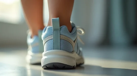 Vue en gros plan d'une chaussure enfant montrant le contrefort rigide et le système de maintien du talon, sur fond neutre clair