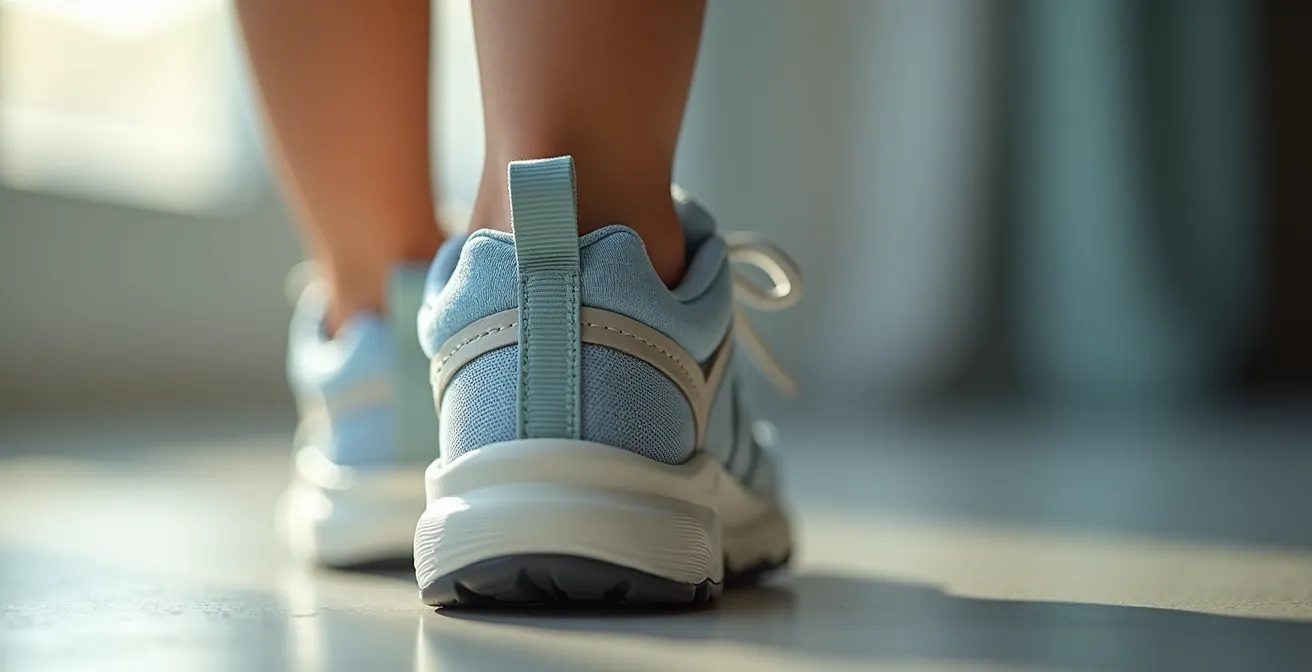Vue en gros plan d'une chaussure enfant montrant le contrefort rigide et le système de maintien du talon, sur fond neutre clair