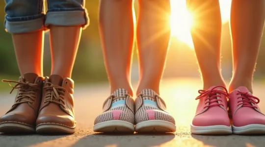 Comparaison visuelle de matériaux de chaussures enfant : cuir, toile, synthétique et semelles avec enfants jouant