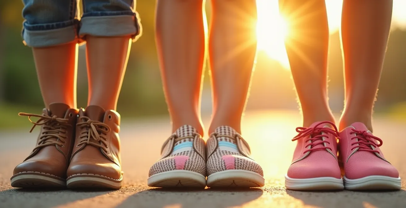 Comparaison visuelle de matériaux de chaussures enfant : cuir, toile, synthétique et semelles avec enfants jouant