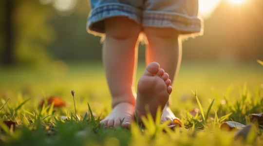 Enfant en chaussures anatomiques larges à l'avant, orteils détendus, illustrant l'importance de l'espace pour la croissance du pied