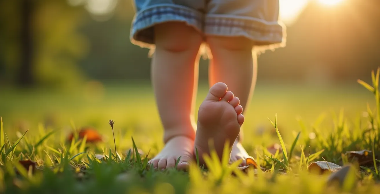 Enfant en chaussures anatomiques larges à l'avant, orteils détendus, illustrant l'importance de l'espace pour la croissance du pied