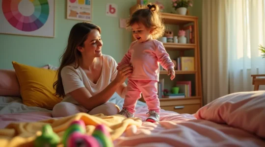 Parent aidant un enfant à choisir une tenue colorée avec des baskets fluo dans une chambre lumineuse et ludique