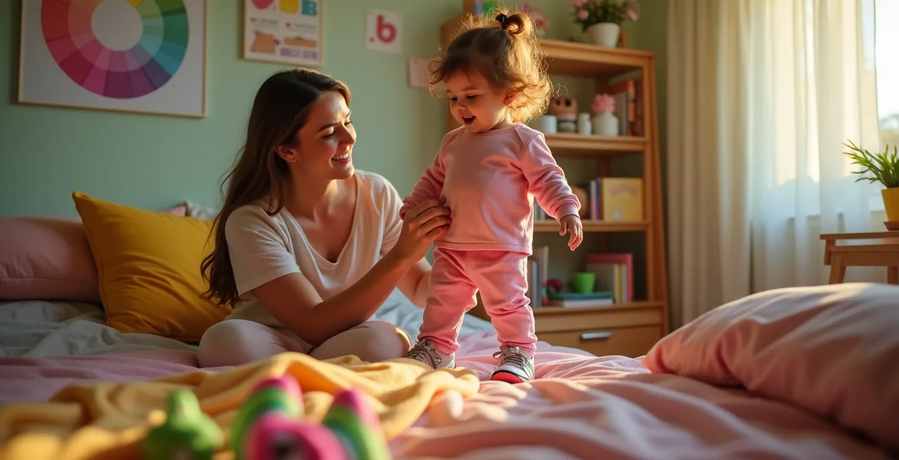 Parent aidant un enfant à choisir une tenue colorée avec des baskets fluo dans une chambre lumineuse et ludique