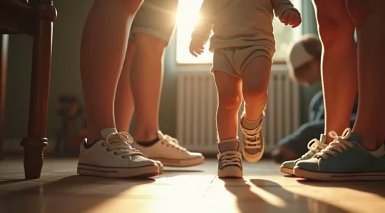 Enfant essayant ses premières baskets avec parents, moment important du développement et de l'identité