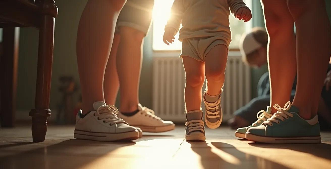 Enfant essayant ses premières baskets avec parents, moment important du développement et de l'identité