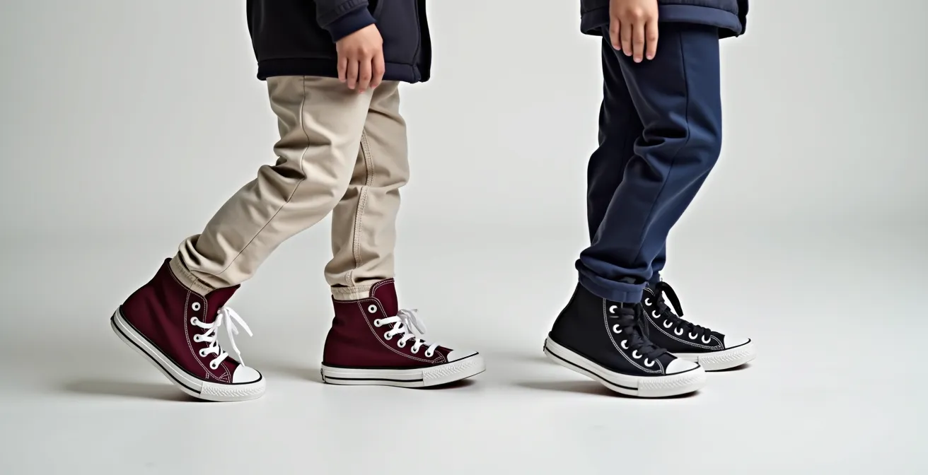 Comparaison visuelle des proportions : enfant avec baskets montantes ton sur ton versus couleurs contrastantes
