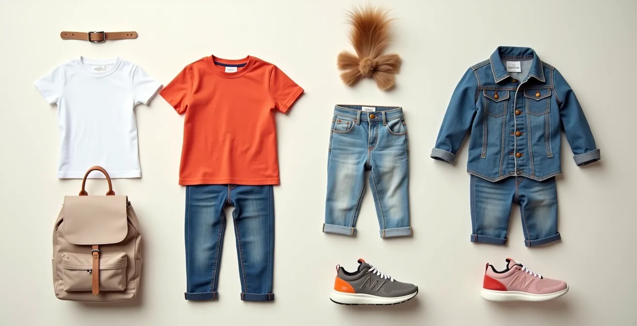 Enfant en tenue coordonnée avec des baskets multicolores: un rappel subtil d'une couleur de la basket dans un accessoire ou un élément de vêtement crée une harmonie visuelle