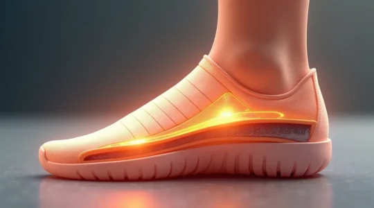 Anatomie détaillée du talon enfant montrant le contrefort rigide, la structure interne de la chaussure et l'importance du verrouillage du talon pour la stabilité et l'équilibre.