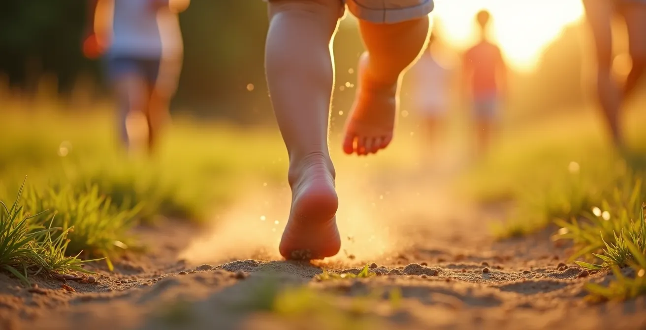 Enfant actif jouant pieds nus montrant la mobilité naturelle des orteils et du pied intelligent