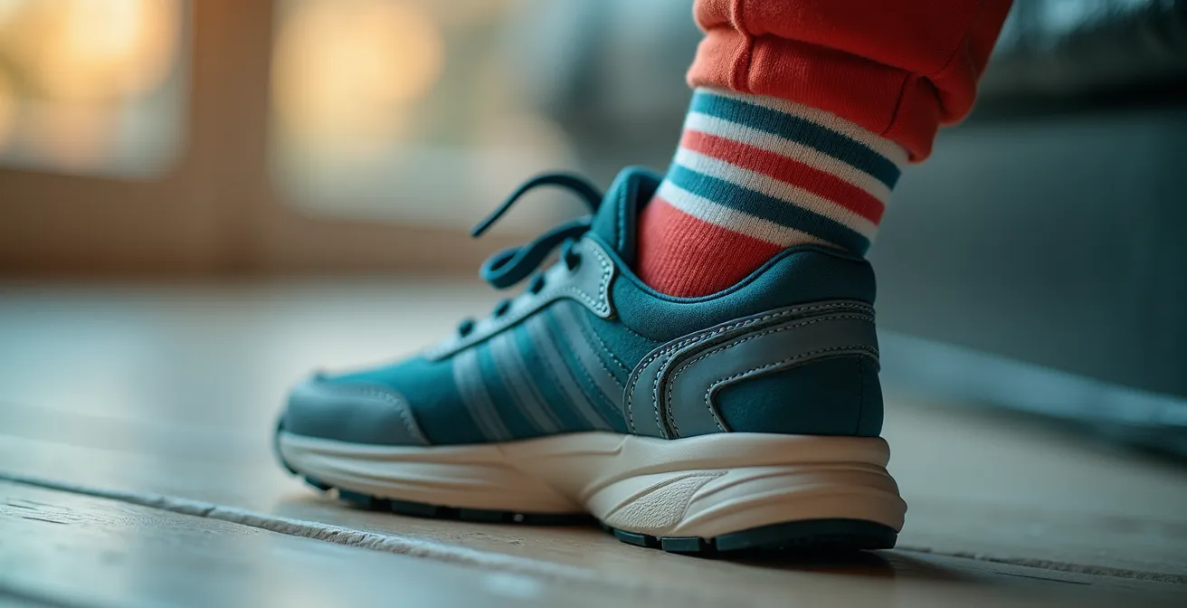Photographie détaillée d’une chaussure d’enfant montrant la technique du verrou de talon avec lacets bien serrés et maintenus.