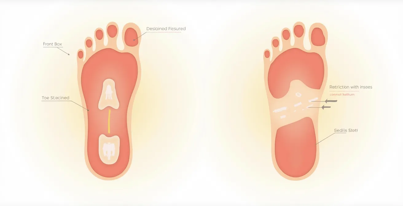 Illustration comparative montrant la structure anatomique de la toe box : zone large et dégagée versus zone étroite et compressée, avec orteils naturellement espacés