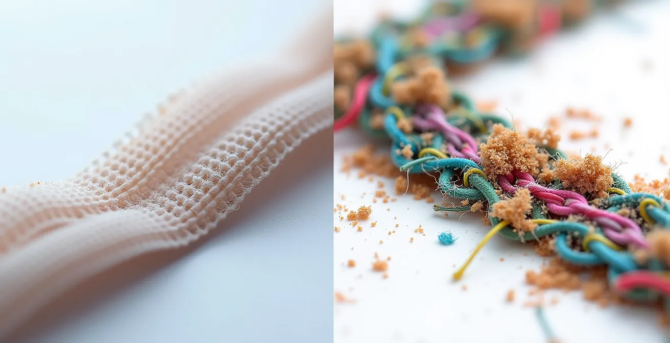 Vue macro détaillée des crochets et boucles d'un scratch avec fibres accumulées