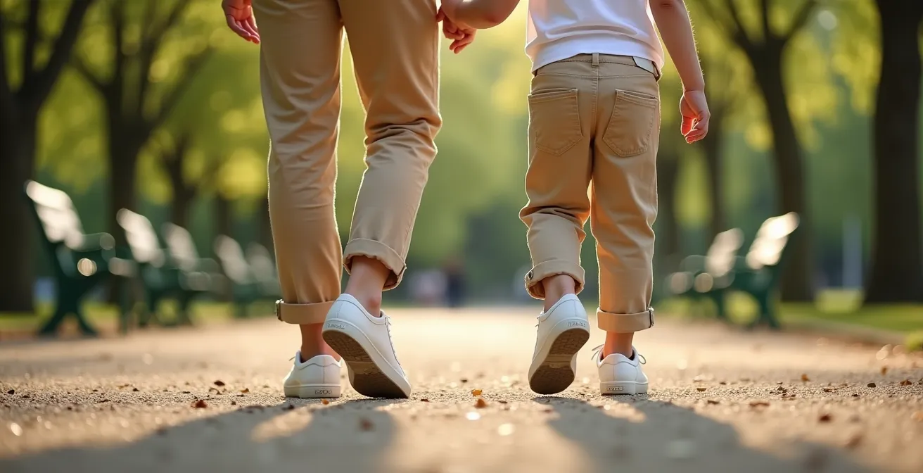 Enfant et parent en baskets basses avec chinos retroussés dans un parc parisien