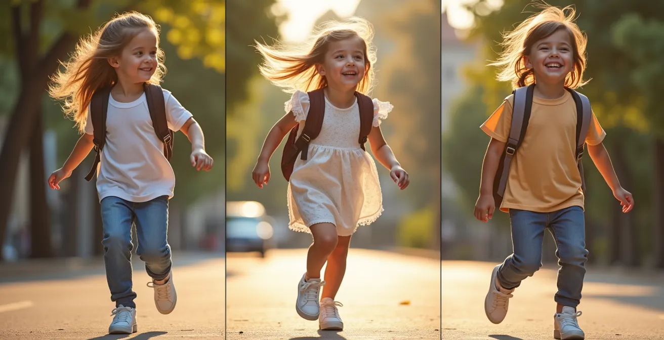 Trois tenues différentes d'enfant avec la même paire de baskets basses blanches