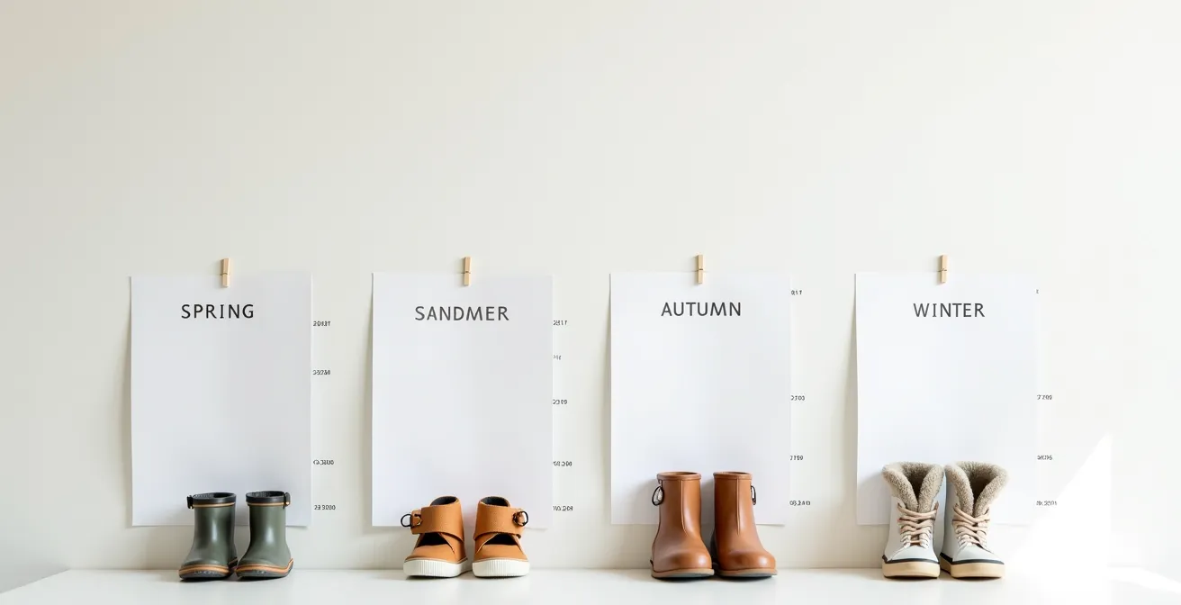 Calendrier illustré avec des pieds d'enfant et des chaussures adaptées à chaque saison