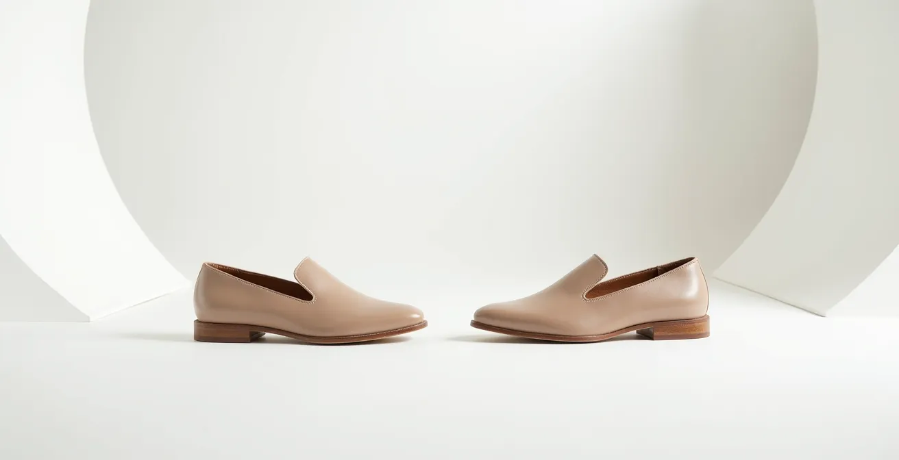 Vue minimaliste de deux chaussures enfant côte à côte sur fond épuré, montrant la différence de volume et de forme for pieds larges