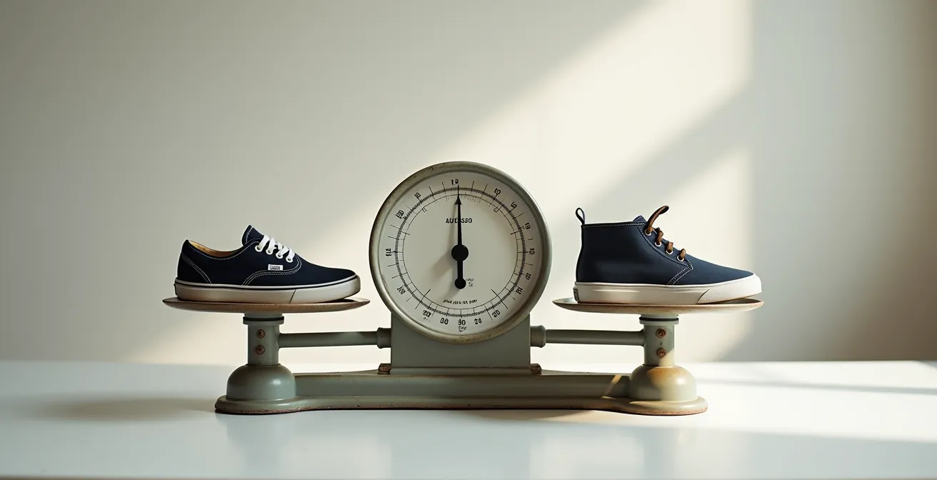 Balance de cuisine montrant la différence de poids entre une basket classique lourde et une chaussure minimaliste légère