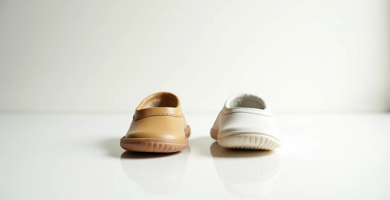 Comparaison côte à côte de deux semelles de chaussures enfant montrant la différence de qualité