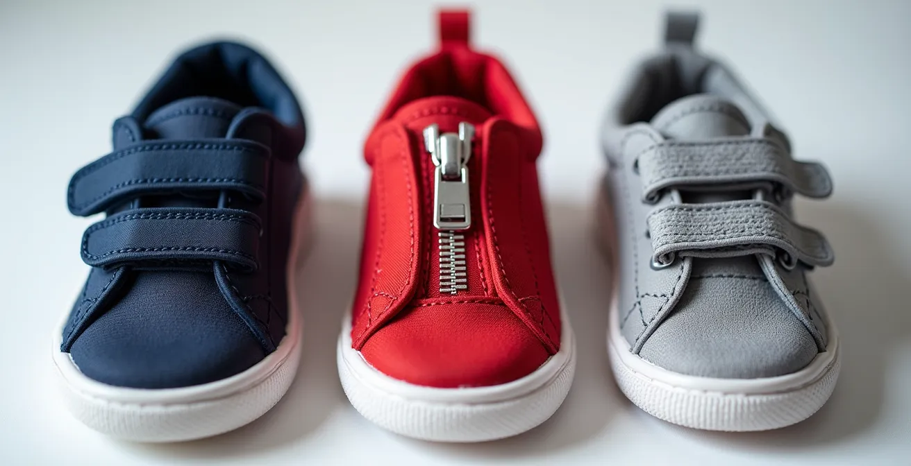 Gros plan sur trois types de fermetures de baskets enfant : scratch, zip et lacets élastiques