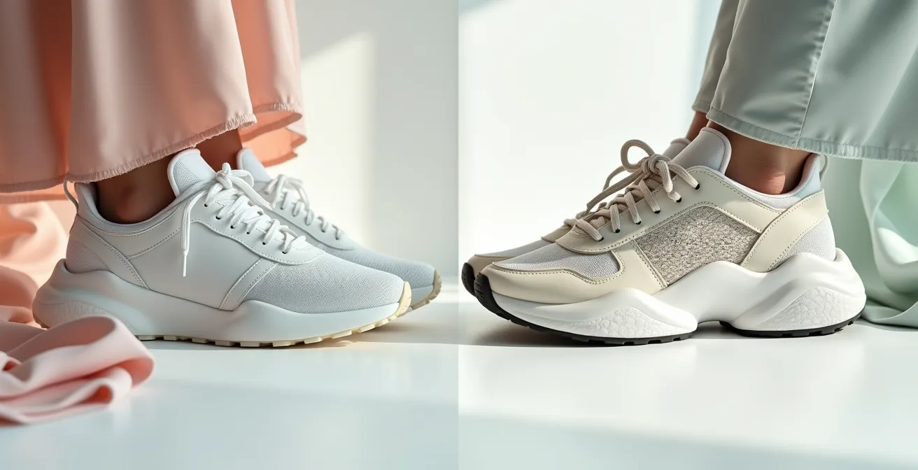 Gros plan sur deux paires de baskets de volumes différents avec des robes fluides