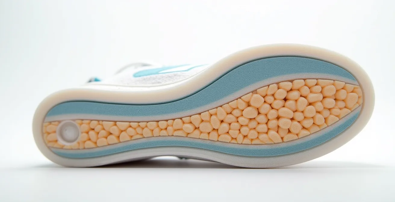 Vue en coupe d'une semelle de basket montrant les différentes couches de matériaux et leur densité