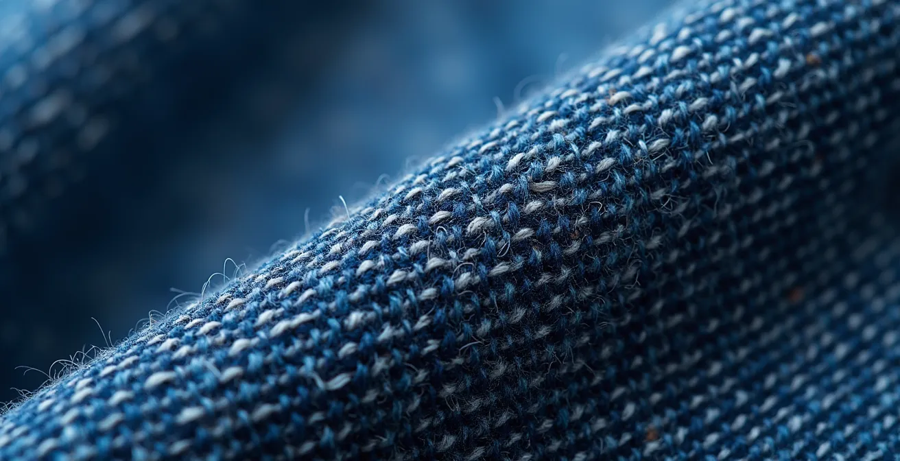 Texture détaillée d'un jean brut montrant la patine naturelle et les fibres de coton